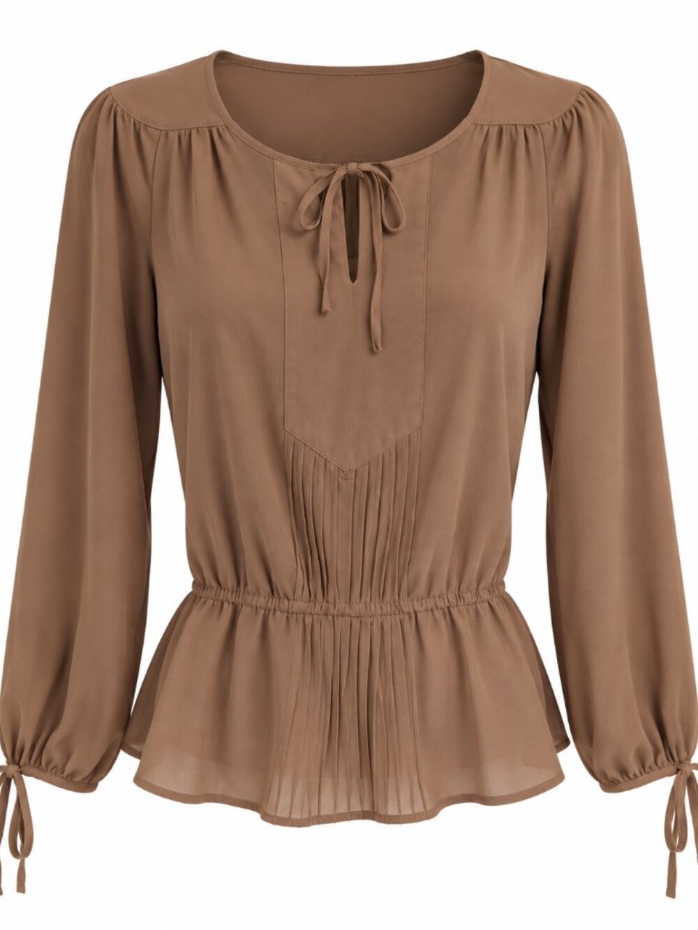Chadwick’s Women’s Size 4 Tan Peasant Blouse Peplum Tie Neck Pintuck Boho